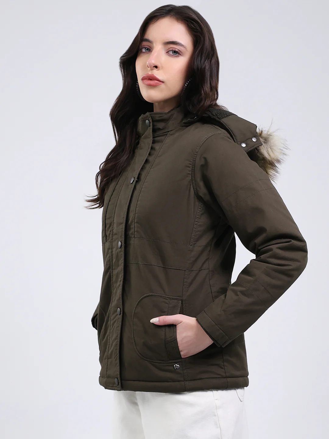 Women Olive Solid Hooded Full Sleeve Jacket - Image 3