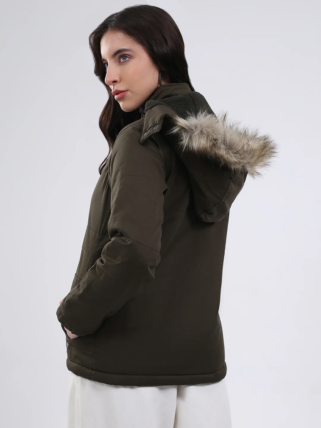 Women Olive Solid Hooded Full Sleeve Jacket - Image 5
