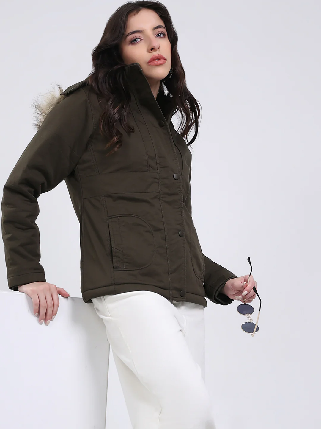 Women Olive Solid Hooded Full Sleeve Jacket - Image 6