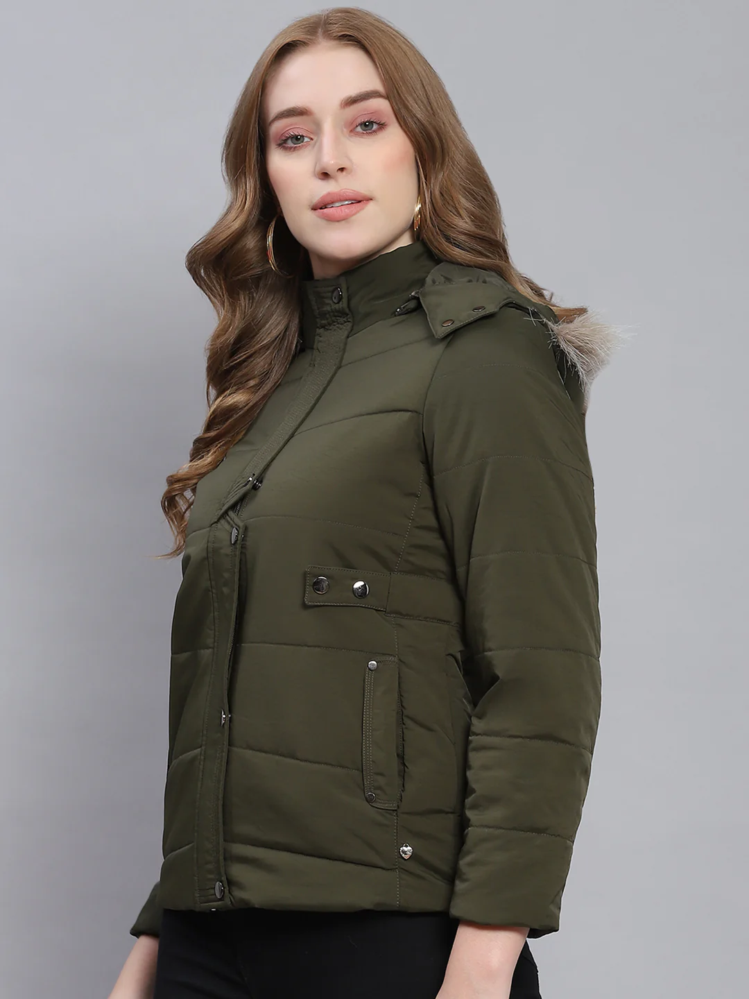 Women Olive Solid Hooded Full Sleeve Jackets - Image 3