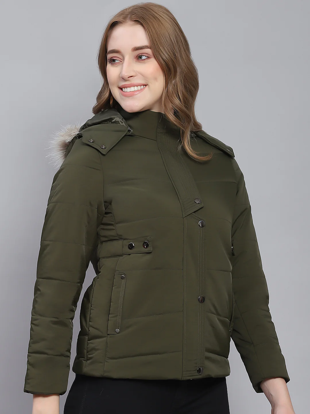 Women Olive Solid Hooded Full Sleeve Jackets - Image 4
