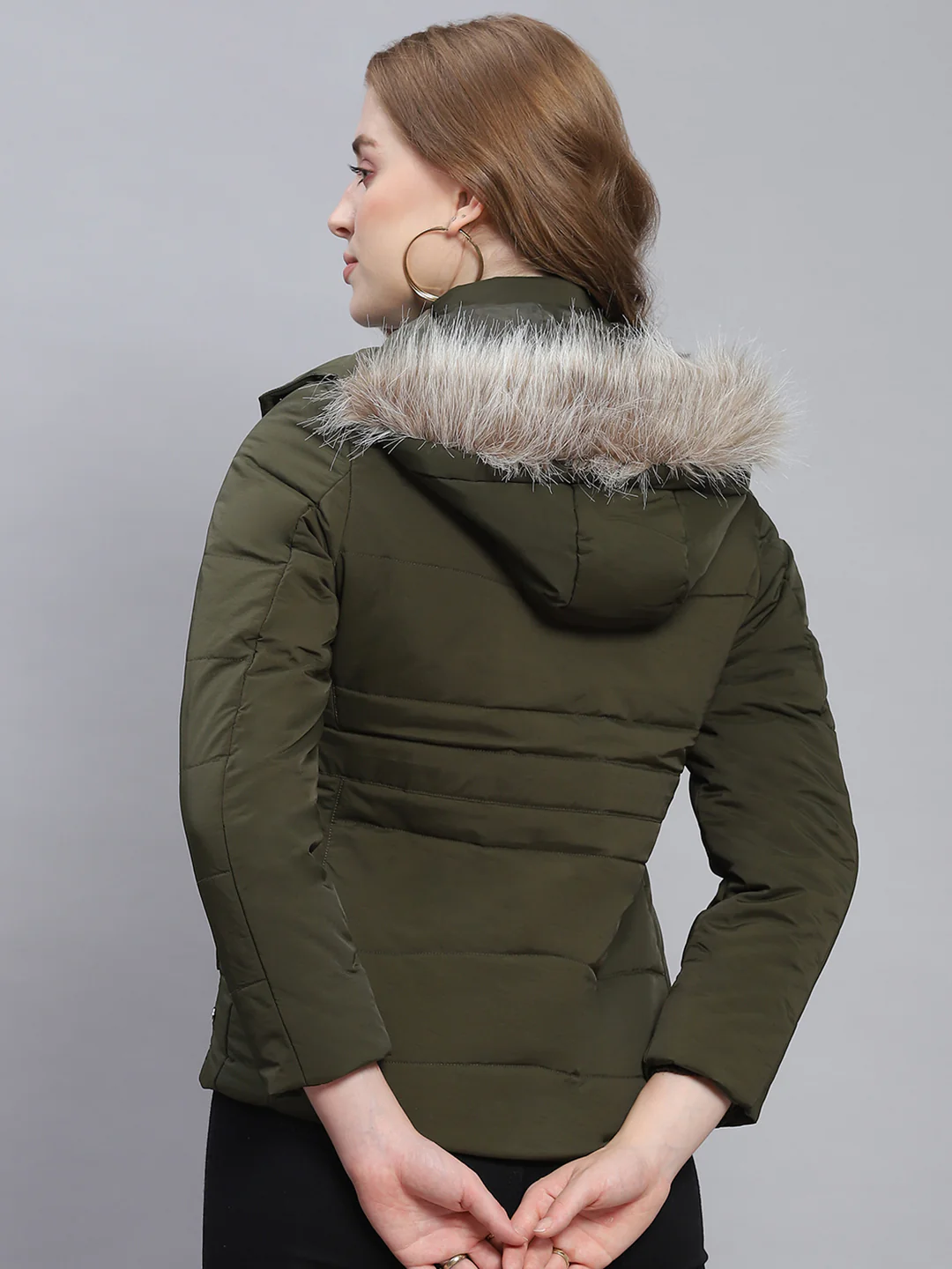 Women Olive Solid Hooded Full Sleeve Jackets - Image 5