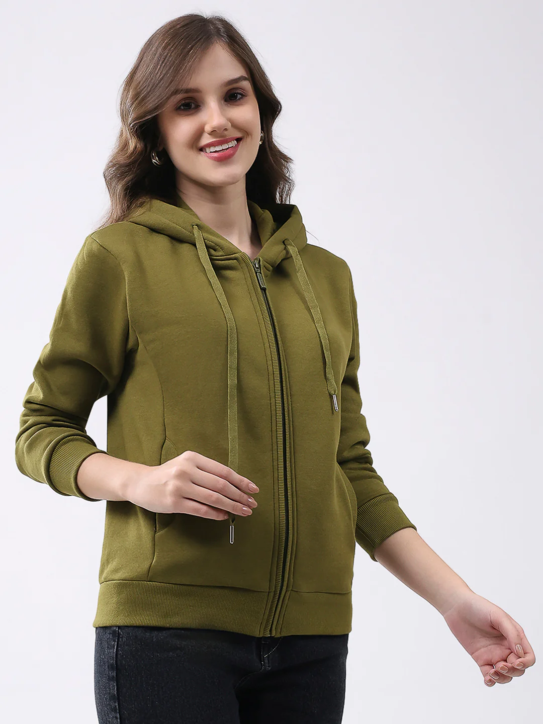 Women Olive Solid Hooded Full Sleeve Sweatshirt - Image 4