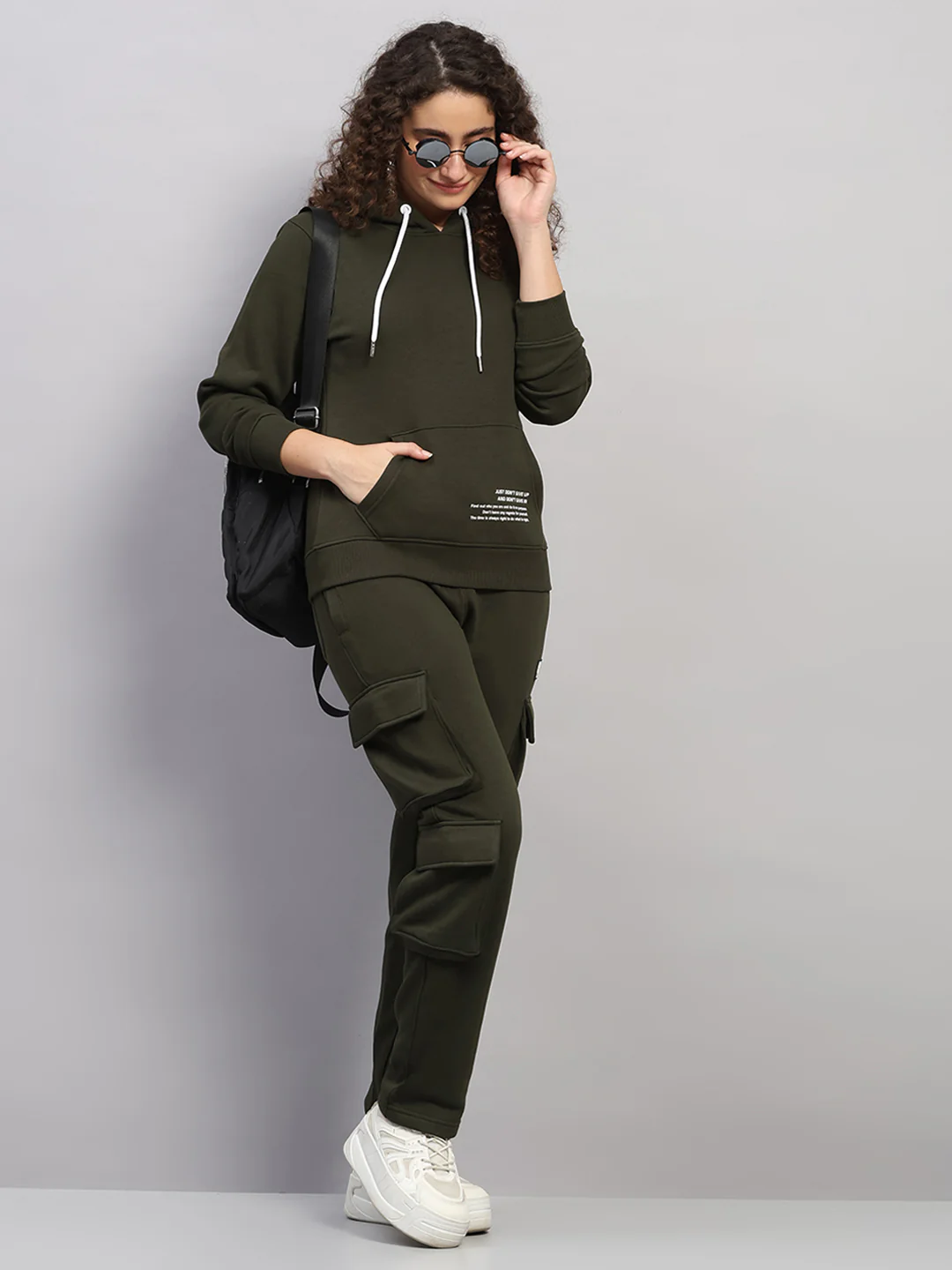 Rock.it Women Olive Solid Hooded Full Sleeve Winter Tracksuit - Image 2