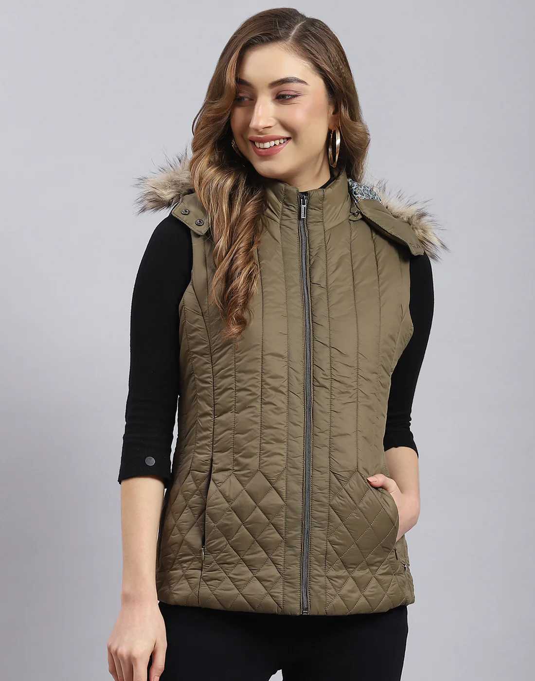 Women Olive Solid Hooded Sleeveless Jacket - Image 2