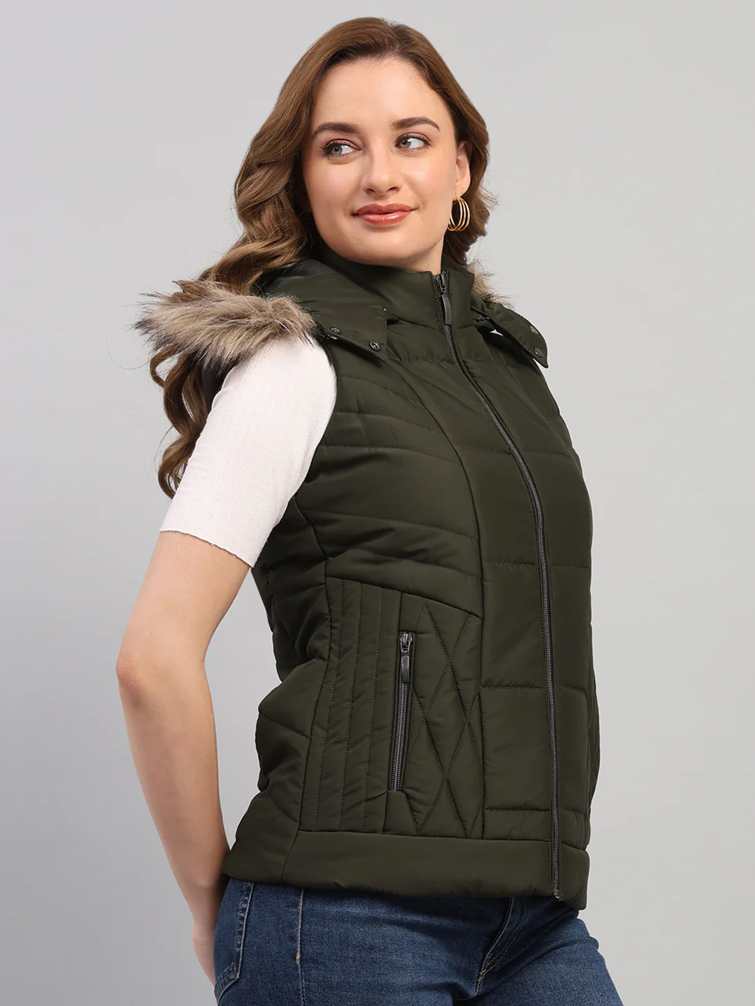 Women Olive Solid Hooded Sleeveless Jacket - Image 4