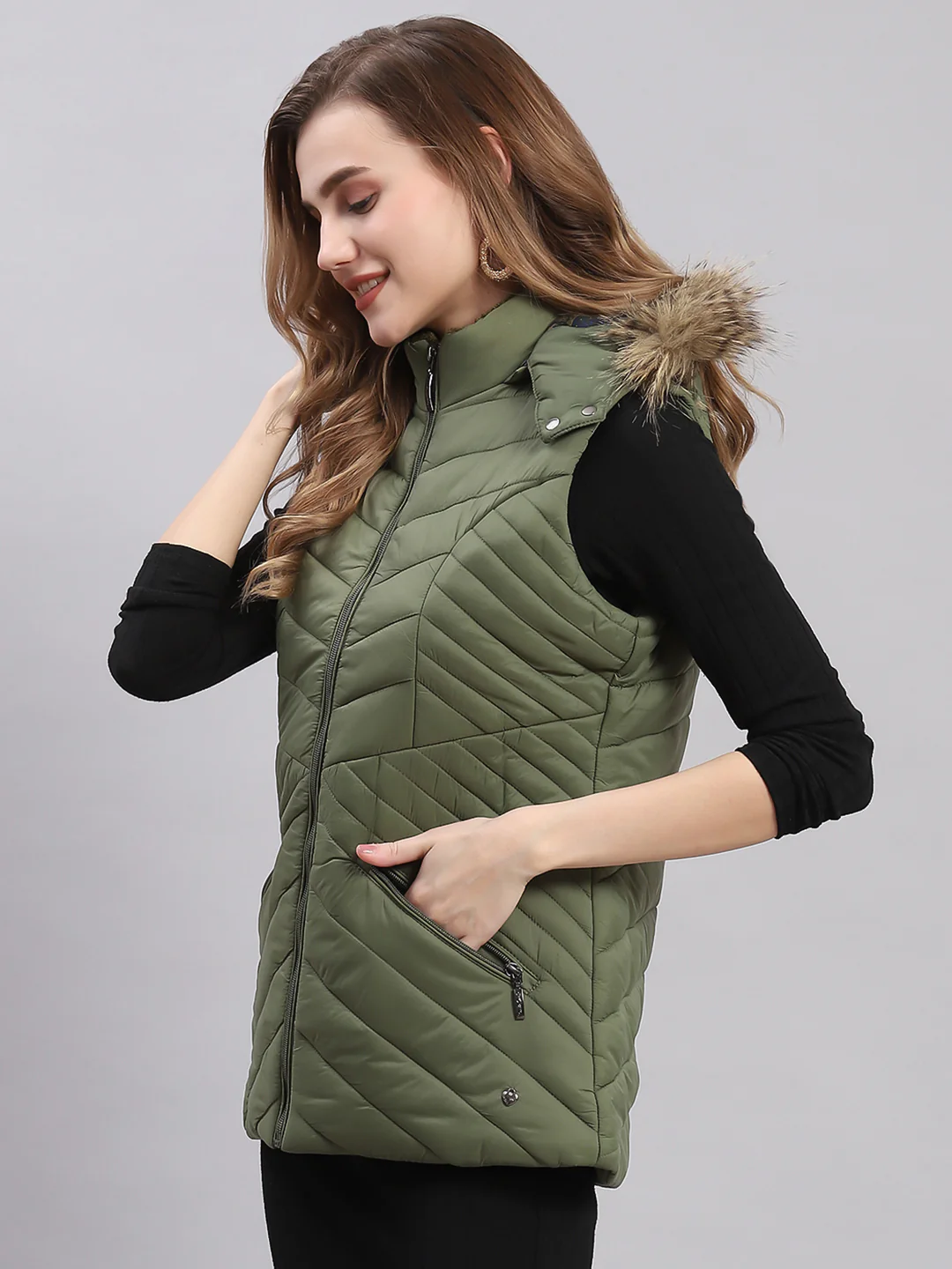 Women Olive Solid Hooded Sleeveless Jackets - Image 3