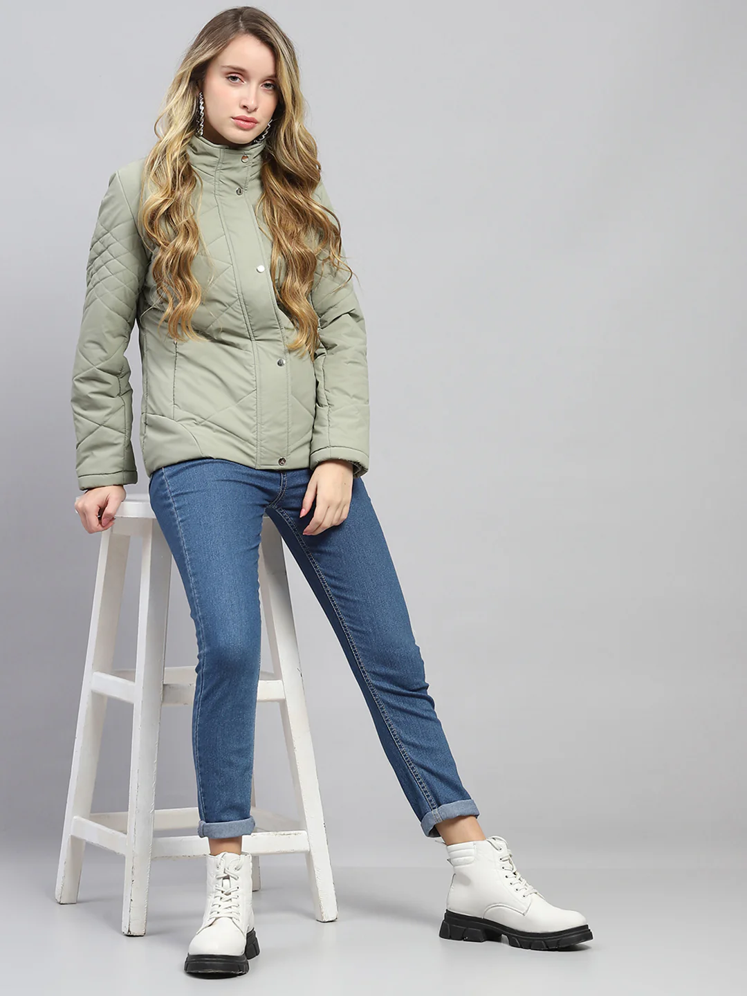 Women Olive Solid Mock Neck Full Sleeve Jacket - Image 2