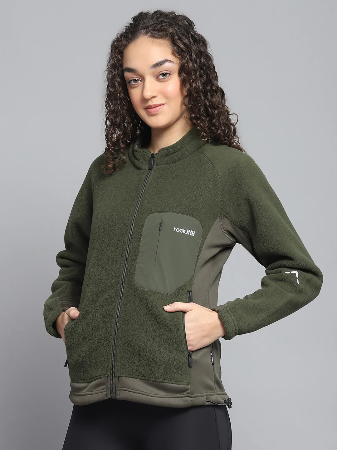 Rock.it Women Olive Solid Mock Neck Full Sleeve Sweatshirt - Image 3