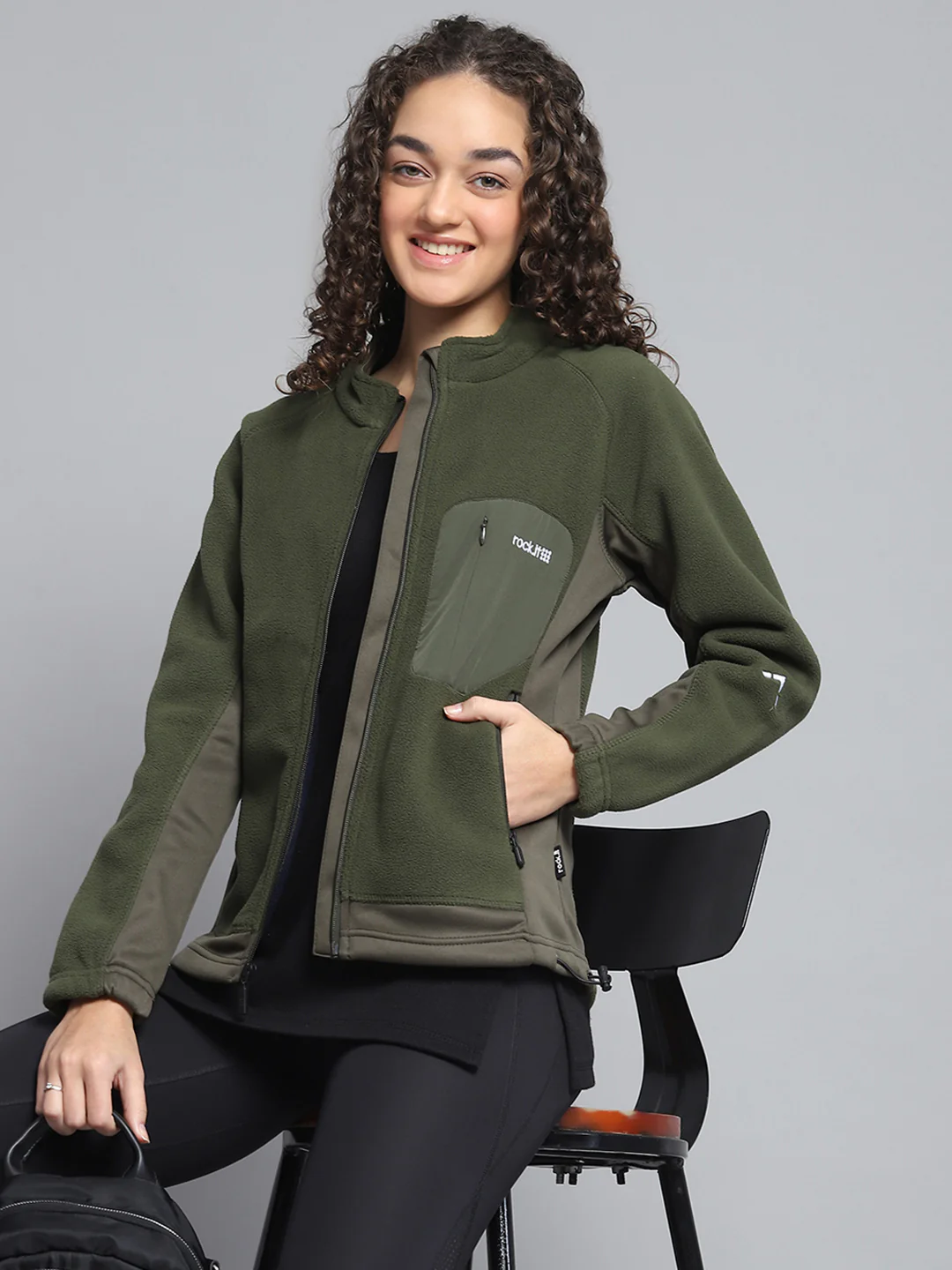 Rock.it Women Olive Solid Mock Neck Full Sleeve Sweatshirt - Image 6