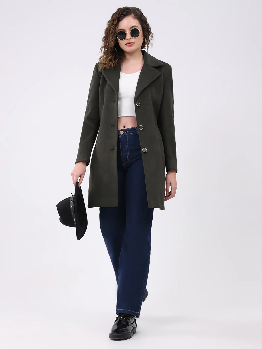 Women Olive Solid Notch Lapel Collar Full Sleeve Coat - Image 2