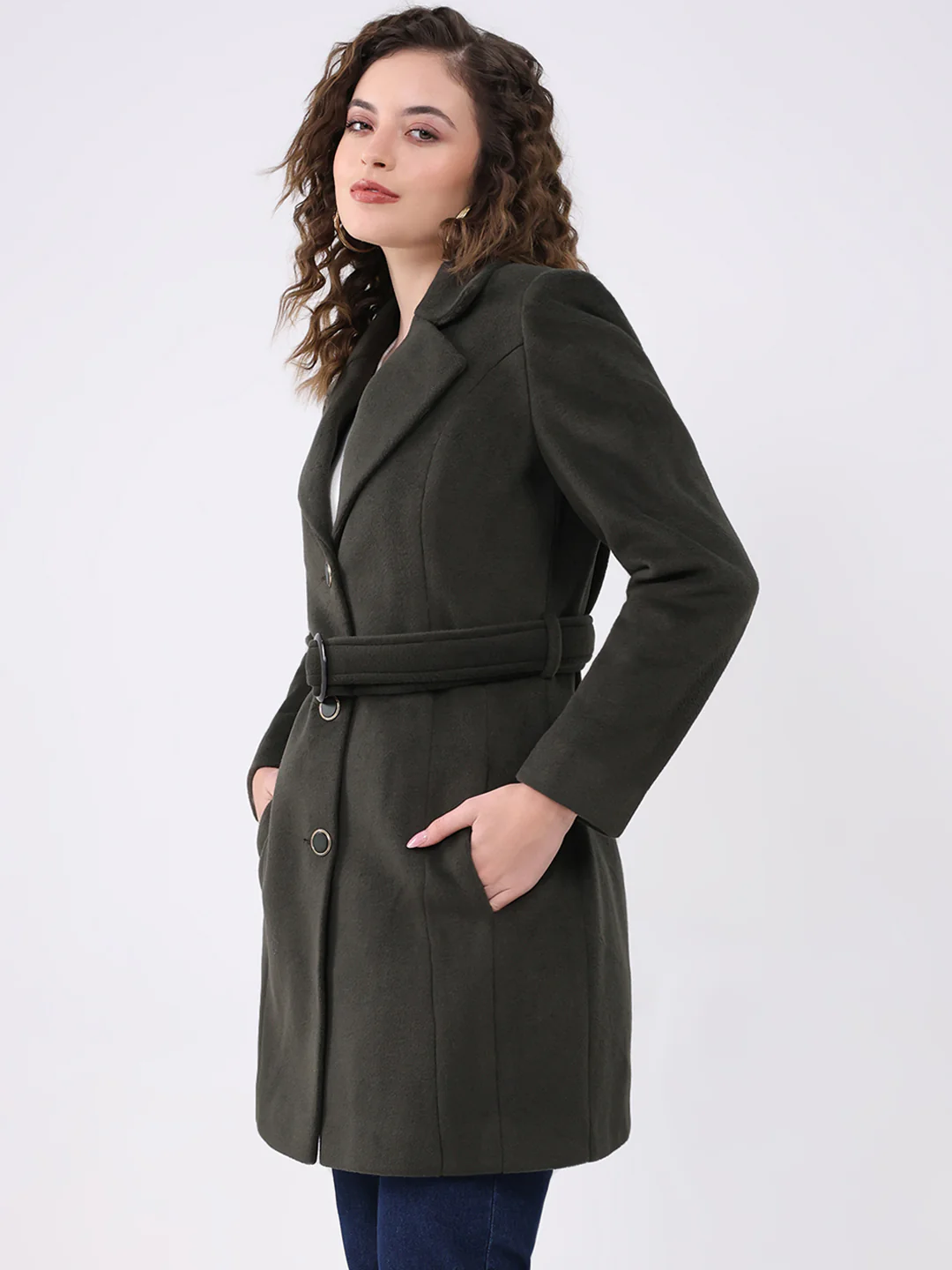 Women Olive Solid Notch Lapel Collar Full Sleeve Coat - Image 3
