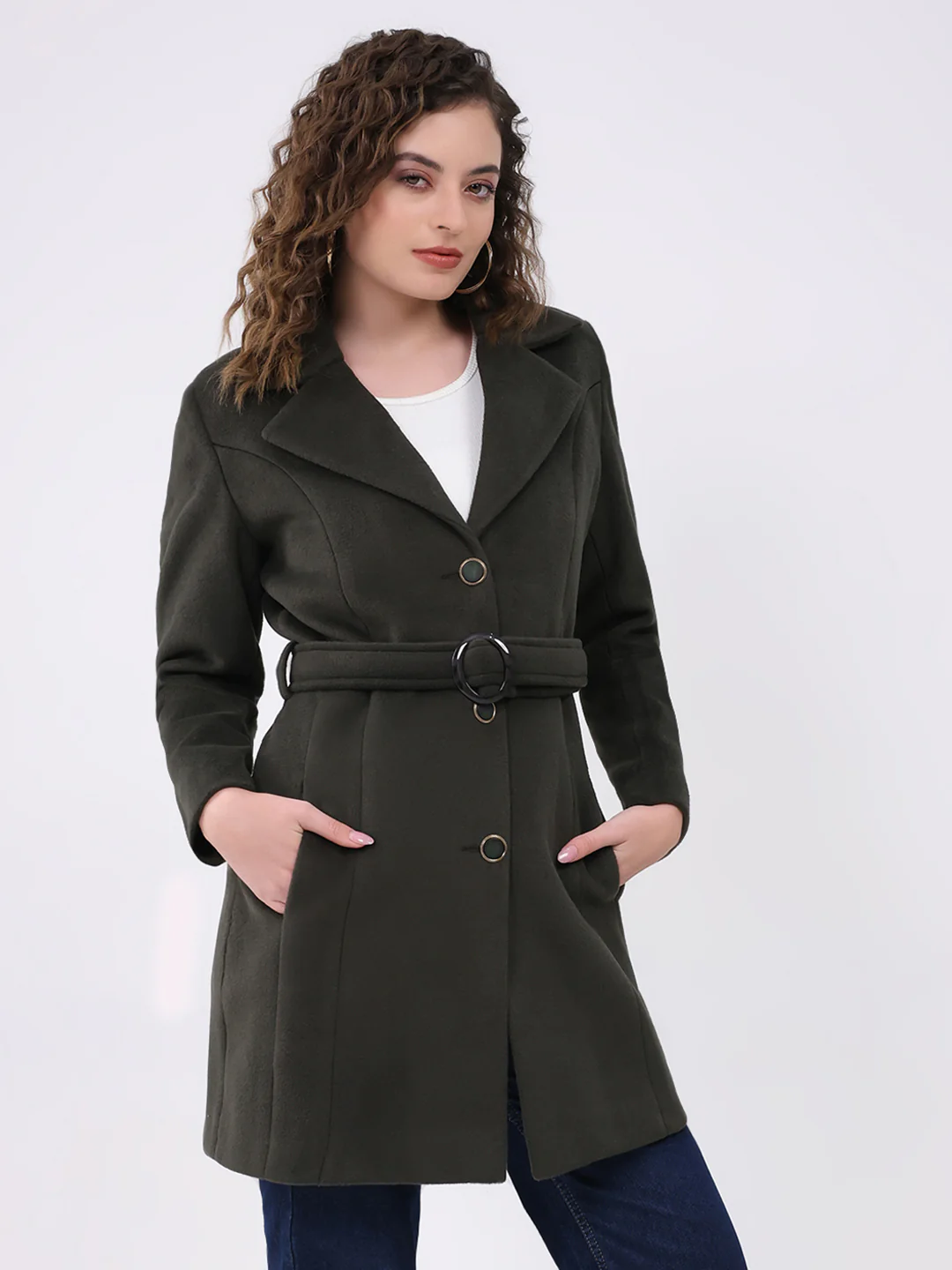 Women Olive Solid Notch Lapel Collar Full Sleeve Coat - Image 4