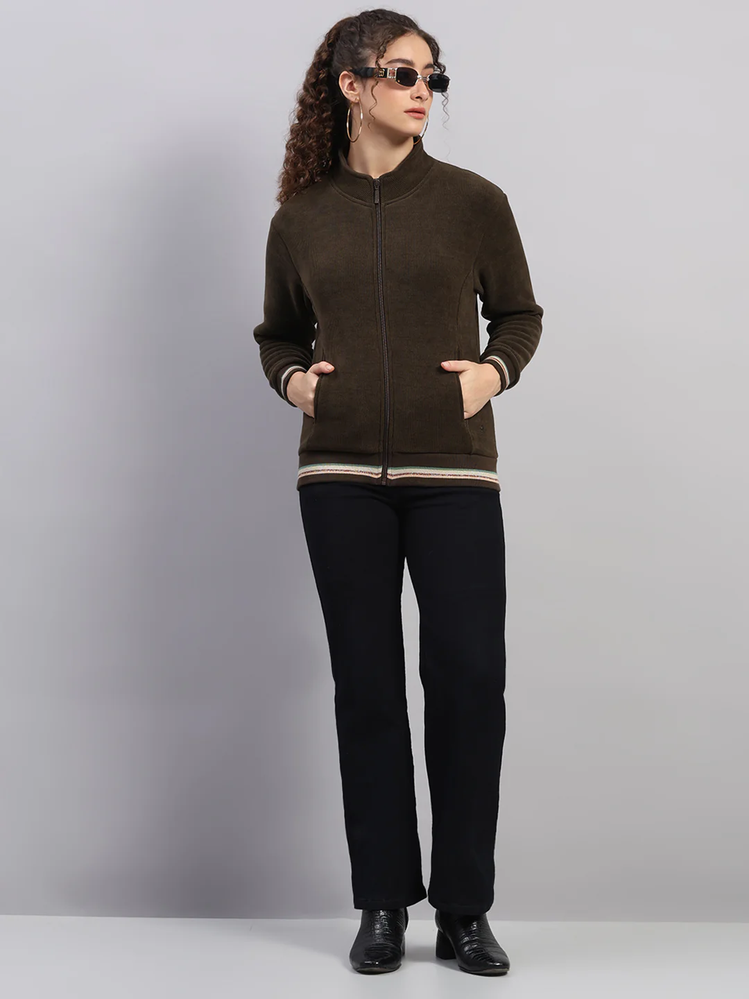 Women Olive Solid Round Neck Full Sleeve Sweatshirt - Image 2