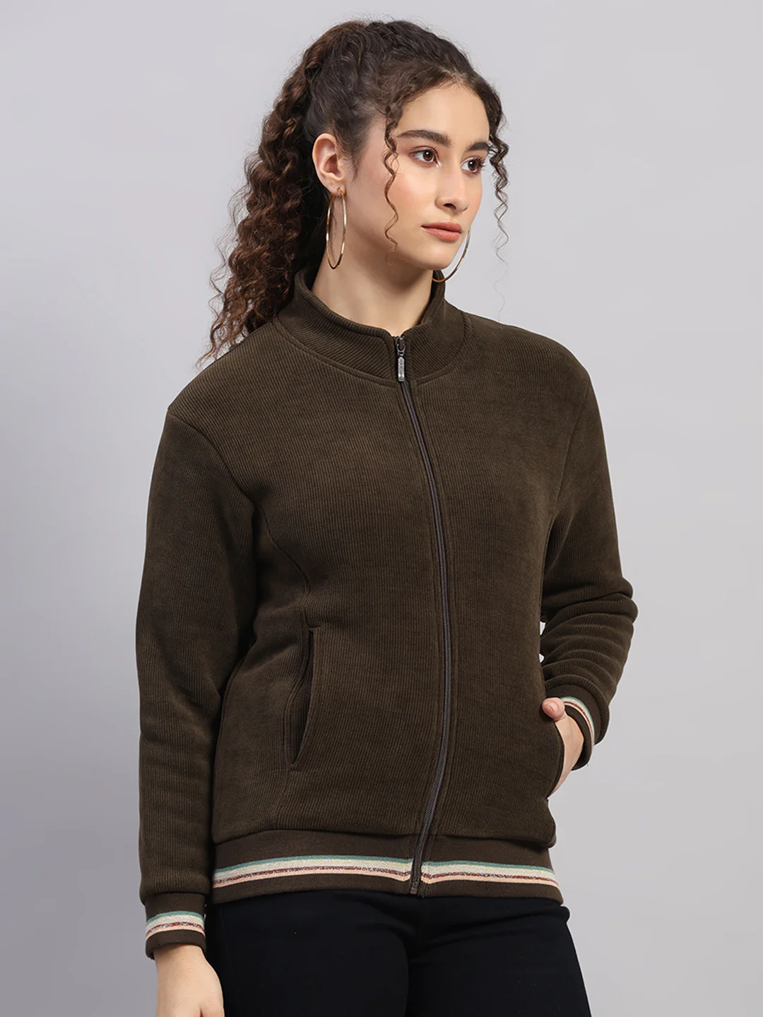 Women Olive Solid Round Neck Full Sleeve Sweatshirt - Image 4