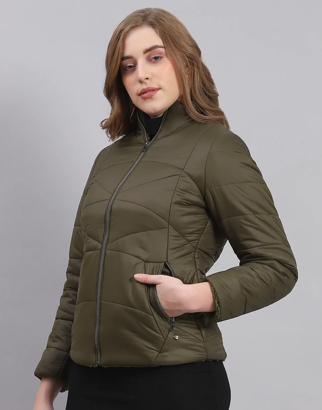 Women Olive Solid Stand Collar Full Sleeve Jacket - Image 3