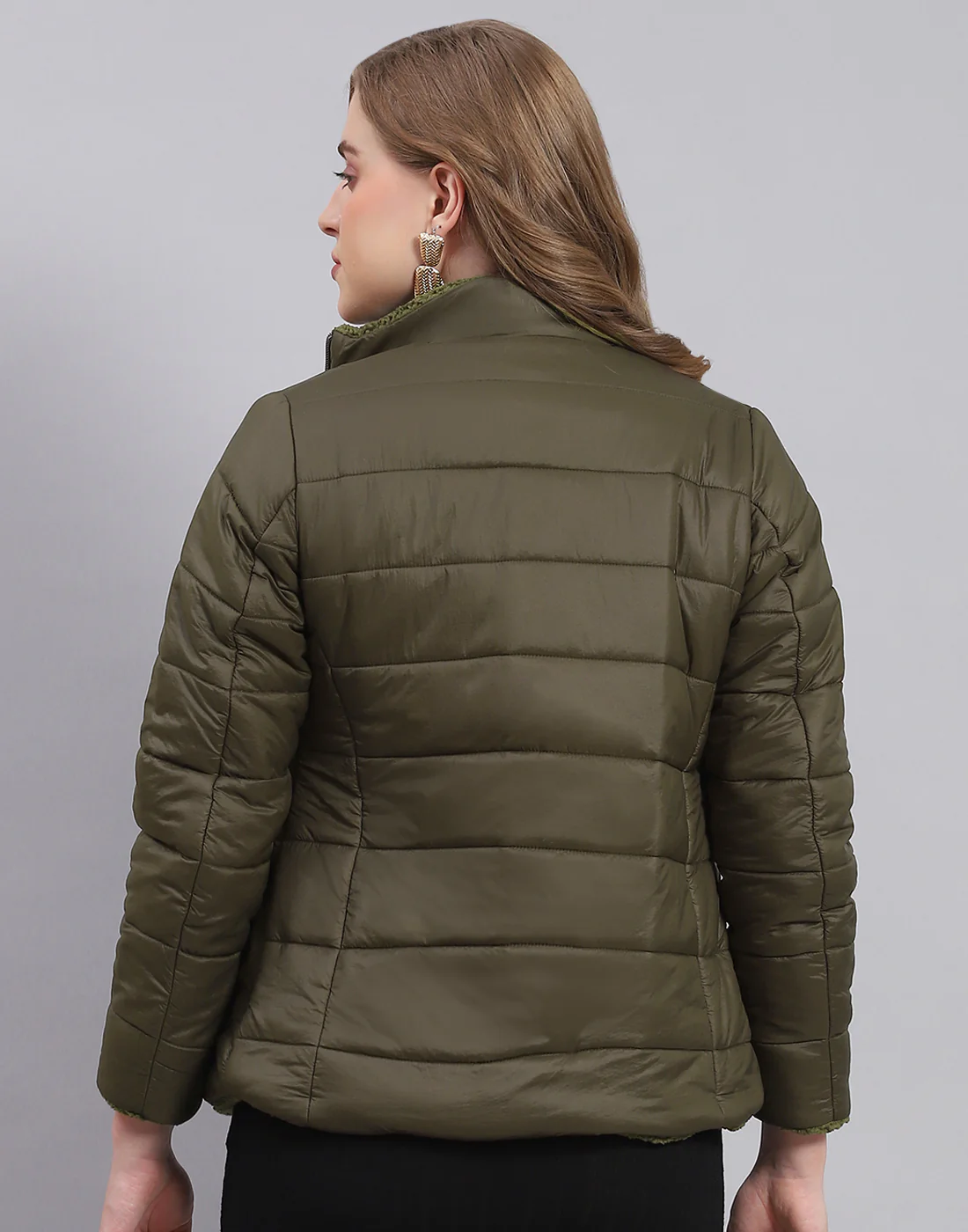 Women Olive Solid Stand Collar Full Sleeve Jacket - Image 5