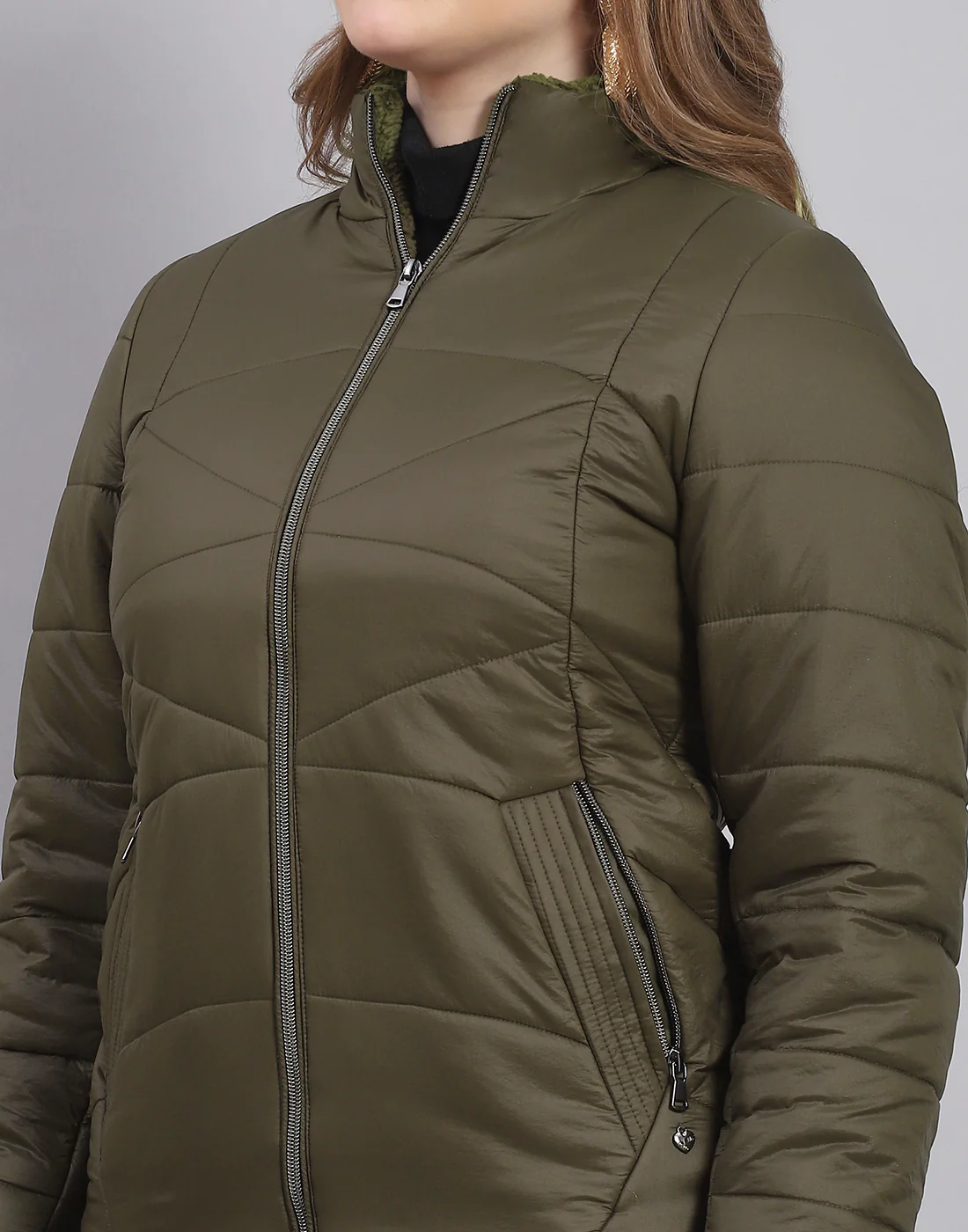 Women Olive Solid Stand Collar Full Sleeve Jacket - Image 6