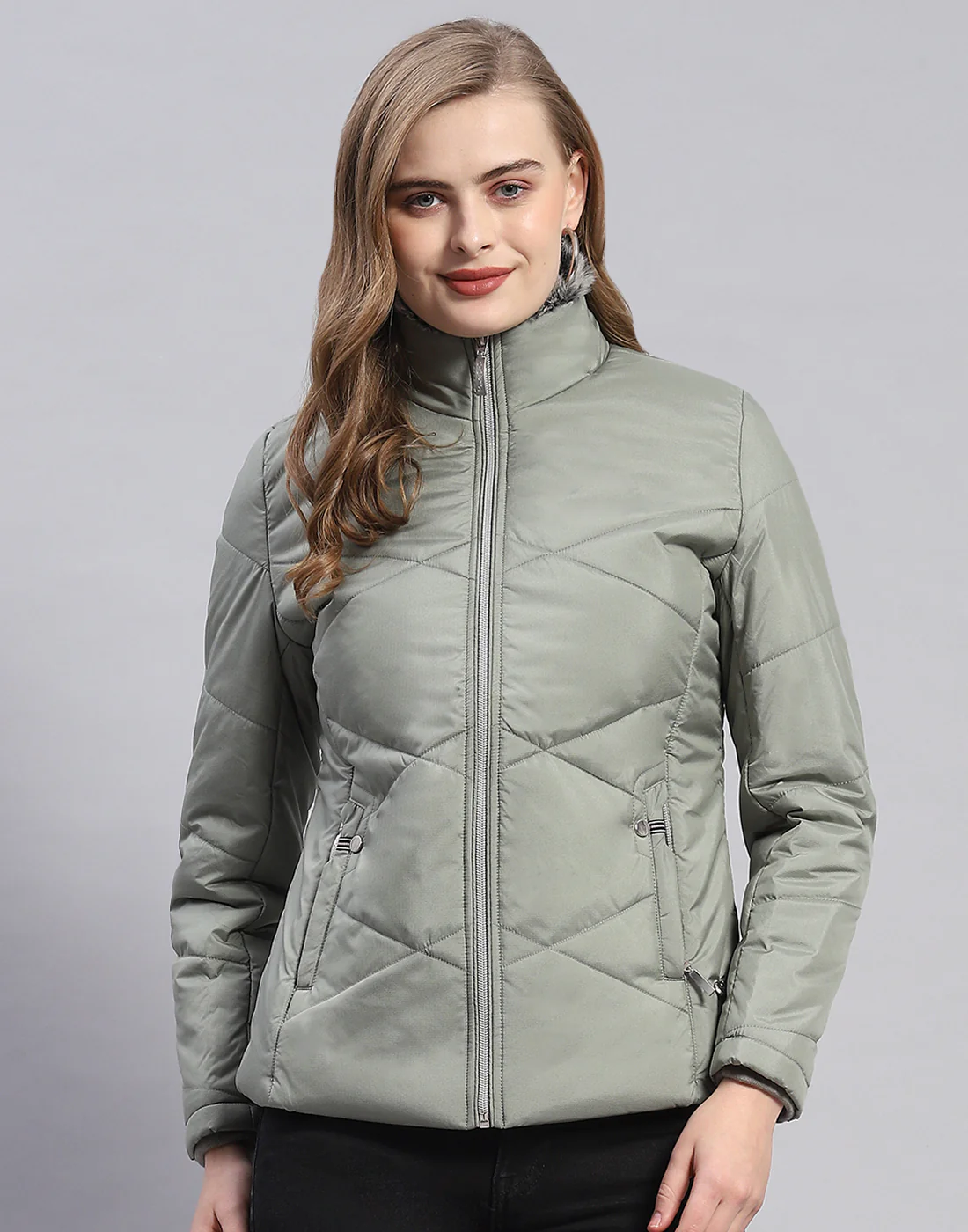 Women Olive Solid Stand Collar Full Sleeve Jacket - Image 2