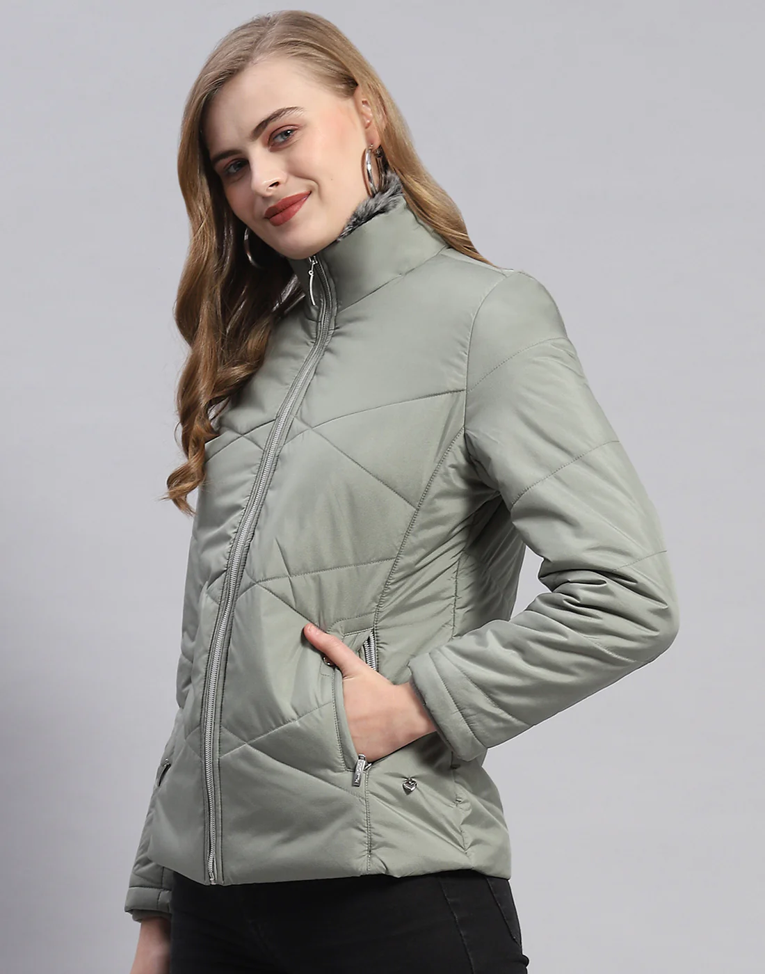 Women Olive Solid Stand Collar Full Sleeve Jacket - Image 3