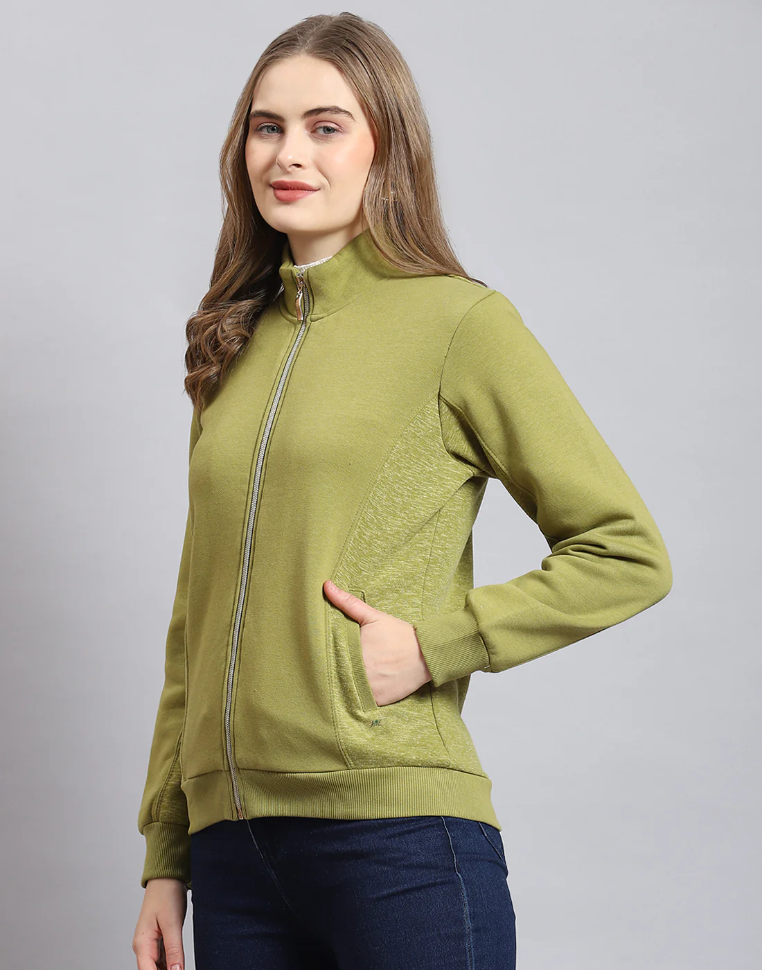 Women Olive Solid Stand Collar Full Sleeve Sweatshirt - Image 3