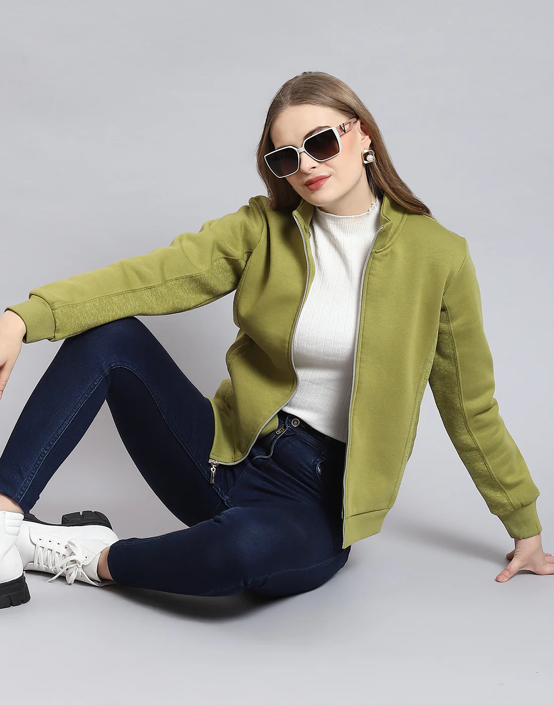 Women Olive Solid Stand Collar Full Sleeve Sweatshirt - Image 6