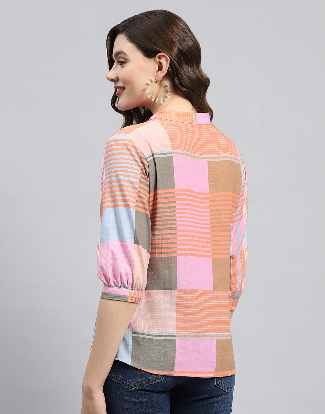 Women Orange Check Mandarin Neck 3/4 Sleeve Top - Image 5
