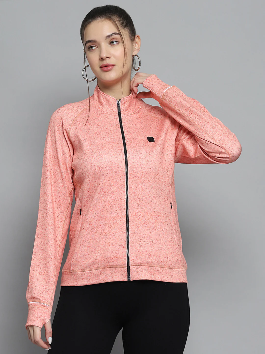 Rock.it Women Orange Printed Mock Neck Full Sleeve Sweatshirt
