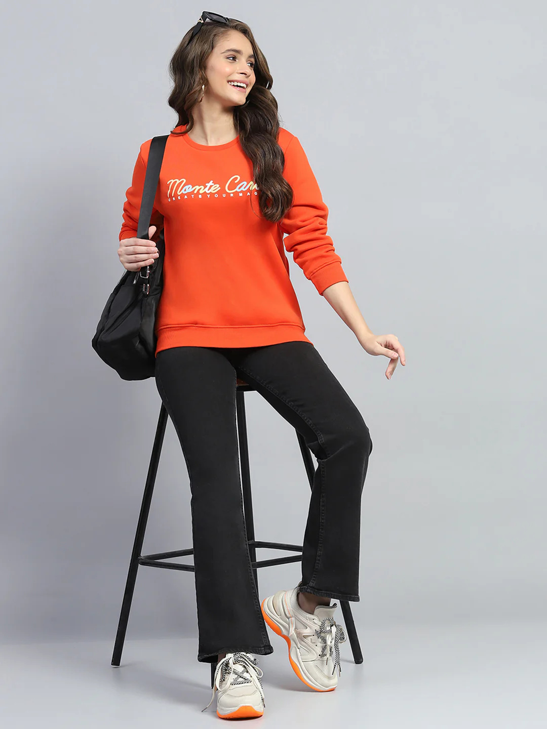 Women Orange Printed Round Neck Full Sleeve Sweatshirt