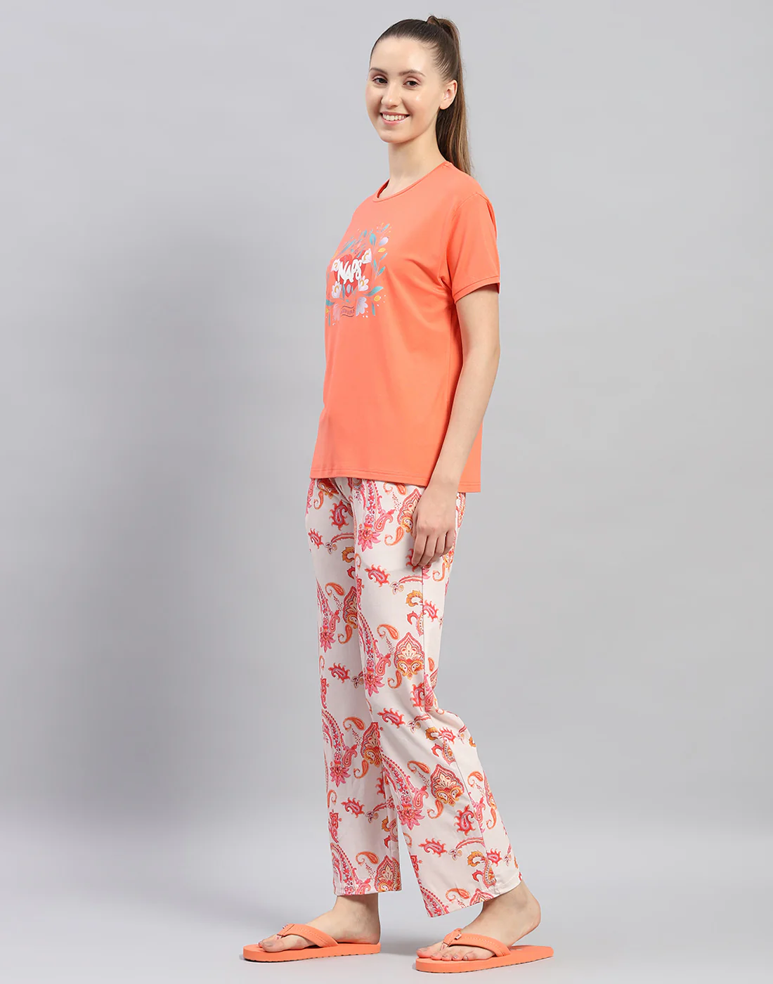 Women Orange Printed Round Neck Half Sleeve Lower Set - Image 3