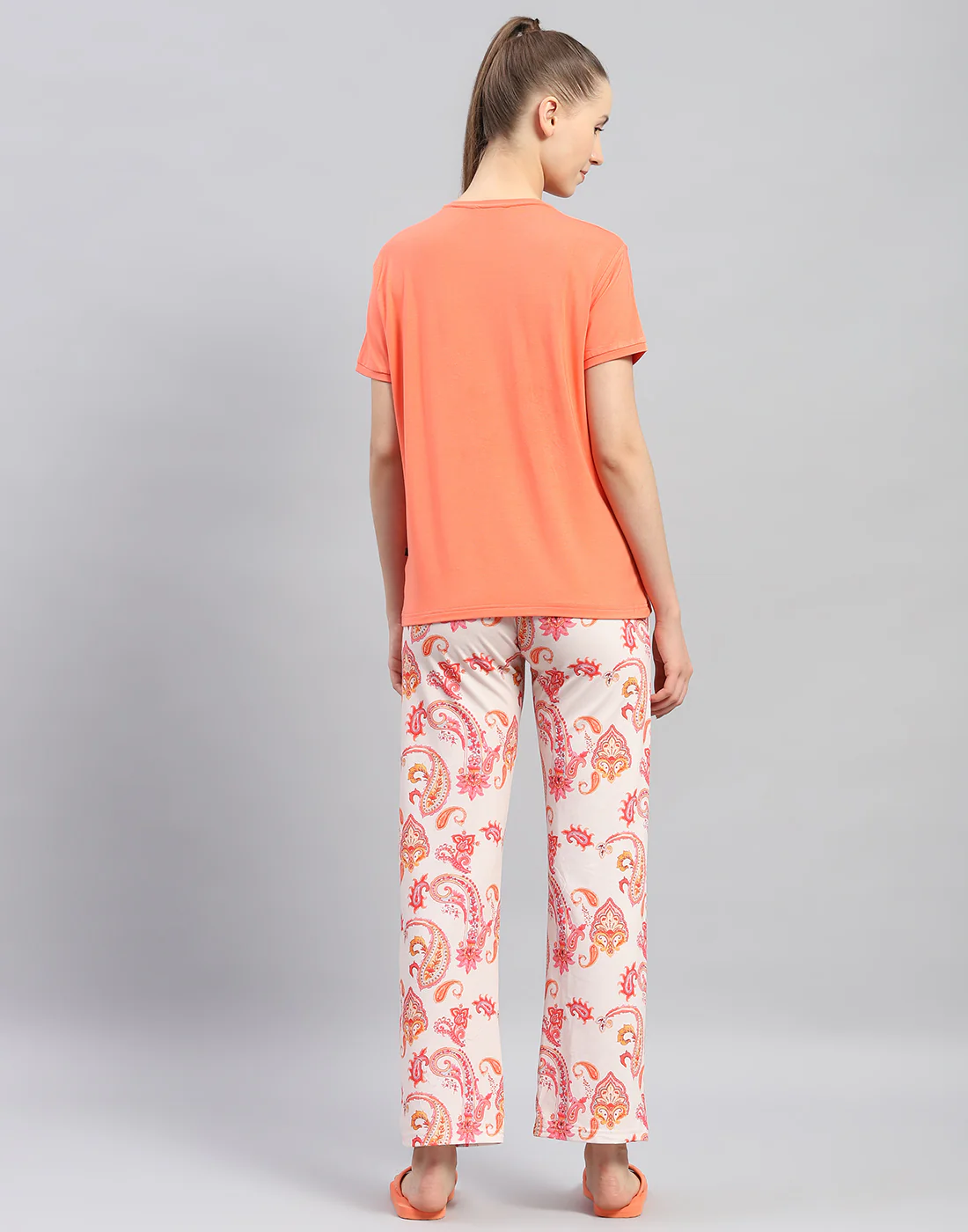 Women Orange Printed Round Neck Half Sleeve Lower Set - Image 5
