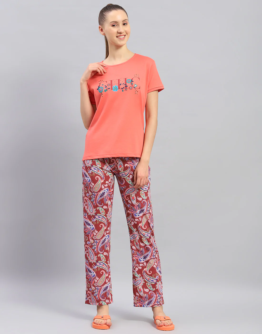Women Orange Printed Round Neck Half Sleeve Lower Set - Image 3