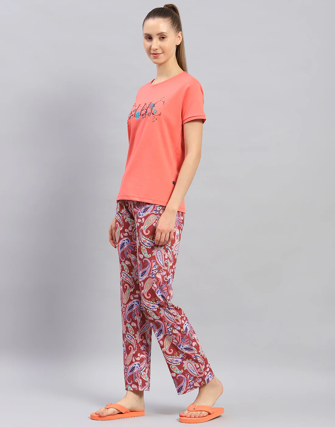 Women Orange Printed Round Neck Half Sleeve Lower Set - Image 4