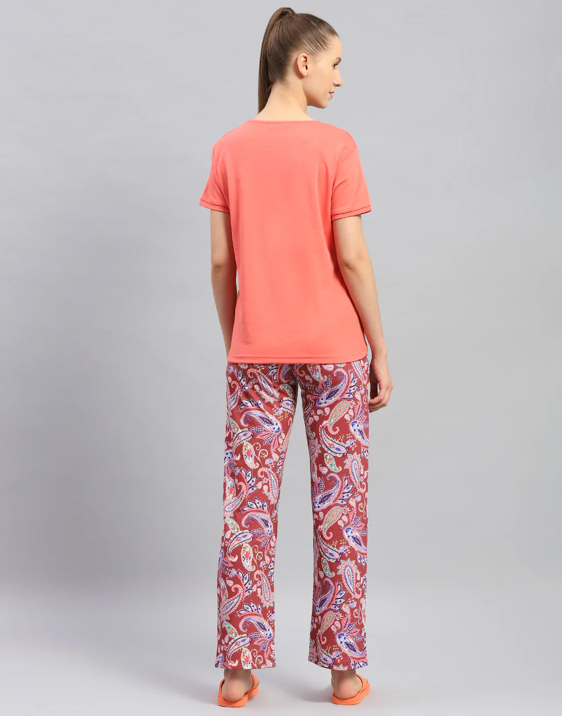 Women Orange Printed Round Neck Half Sleeve Lower Set - Image 6