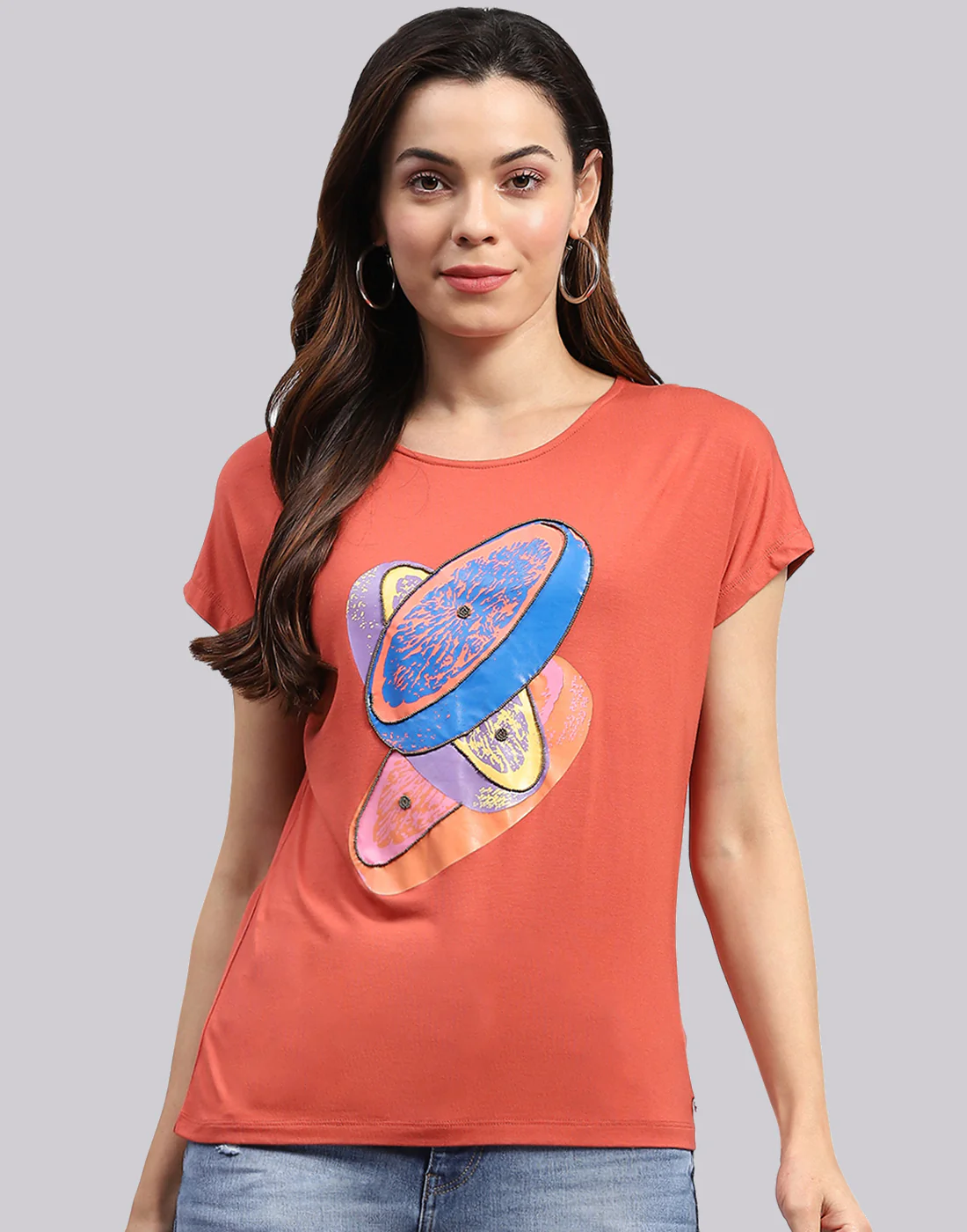 Women Orange Printed Round Neck Half Sleeve Top - Image 3