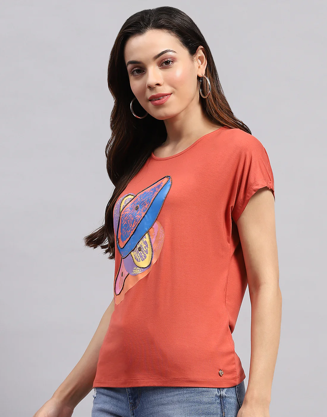 Women Orange Printed Round Neck Half Sleeve Top - Image 4