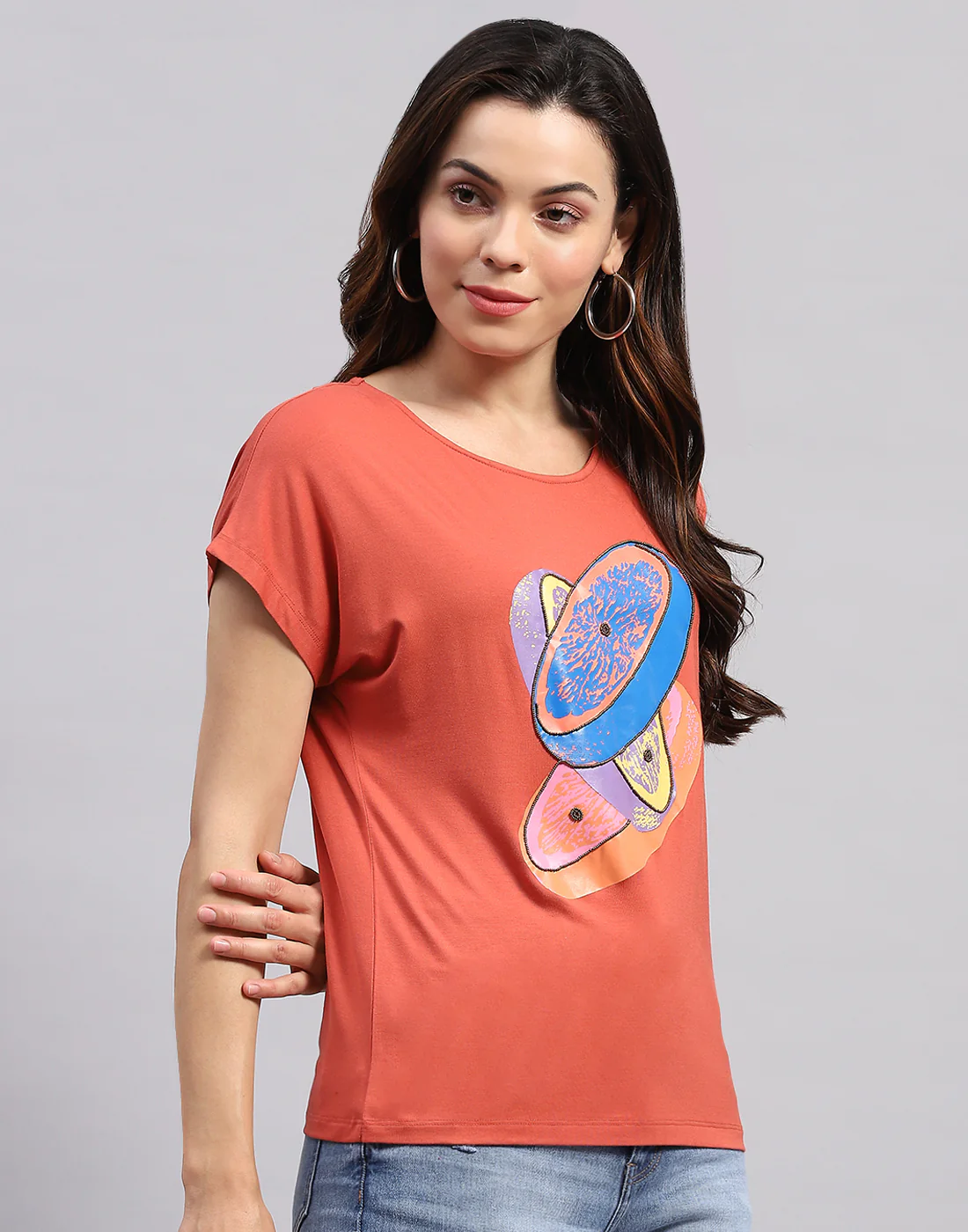Women Orange Printed Round Neck Half Sleeve Top - Image 5