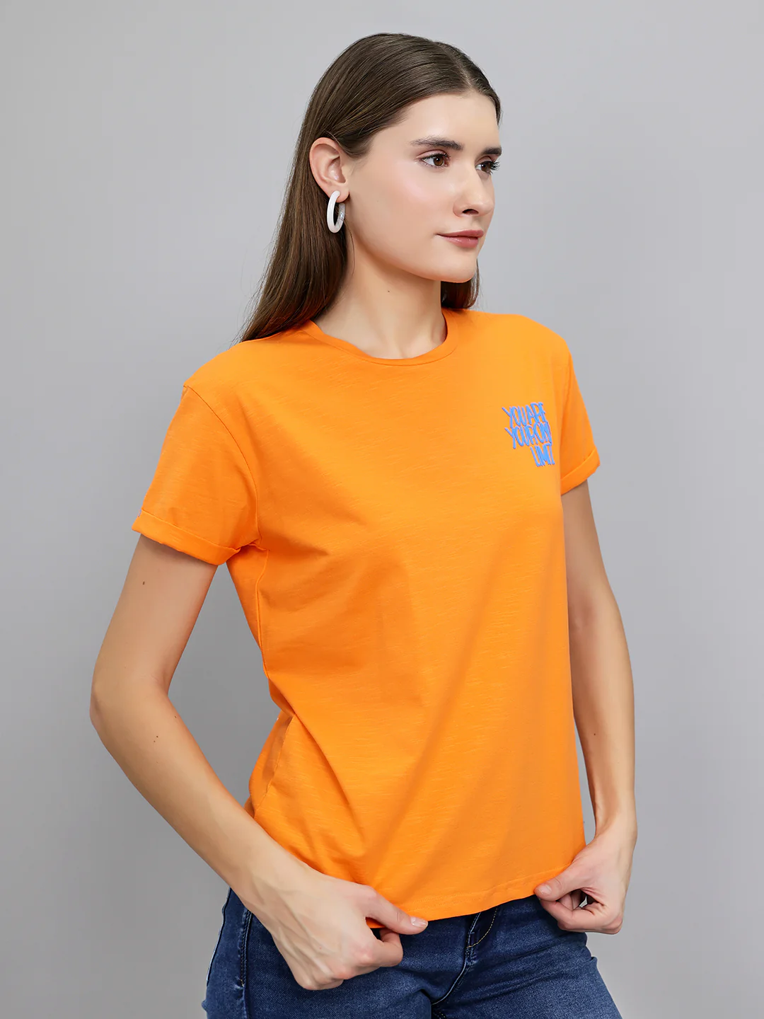 Women Orange Printed Round Neck Half Sleeve Top - Image 3