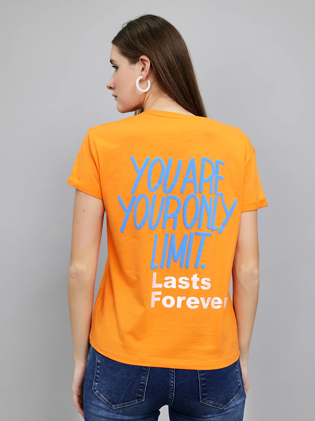 Women Orange Printed Round Neck Half Sleeve Top - Image 4