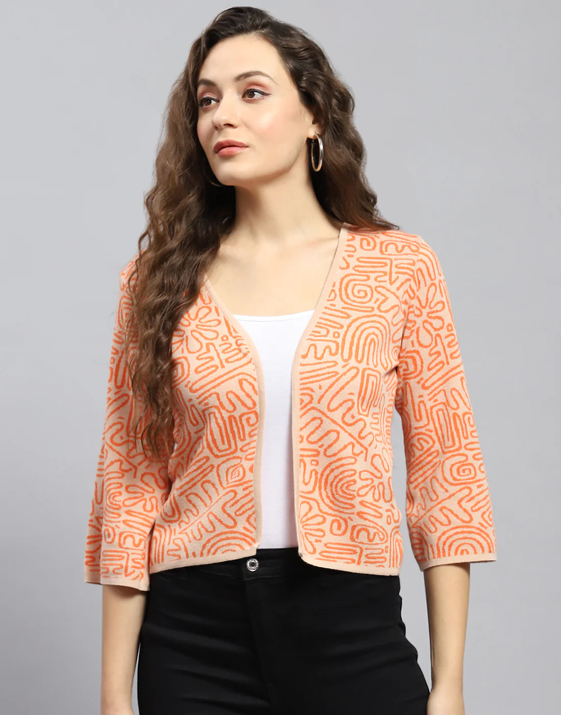 Women Orange Printed V Neck 3/4 Sleeve Shrug - Image 2