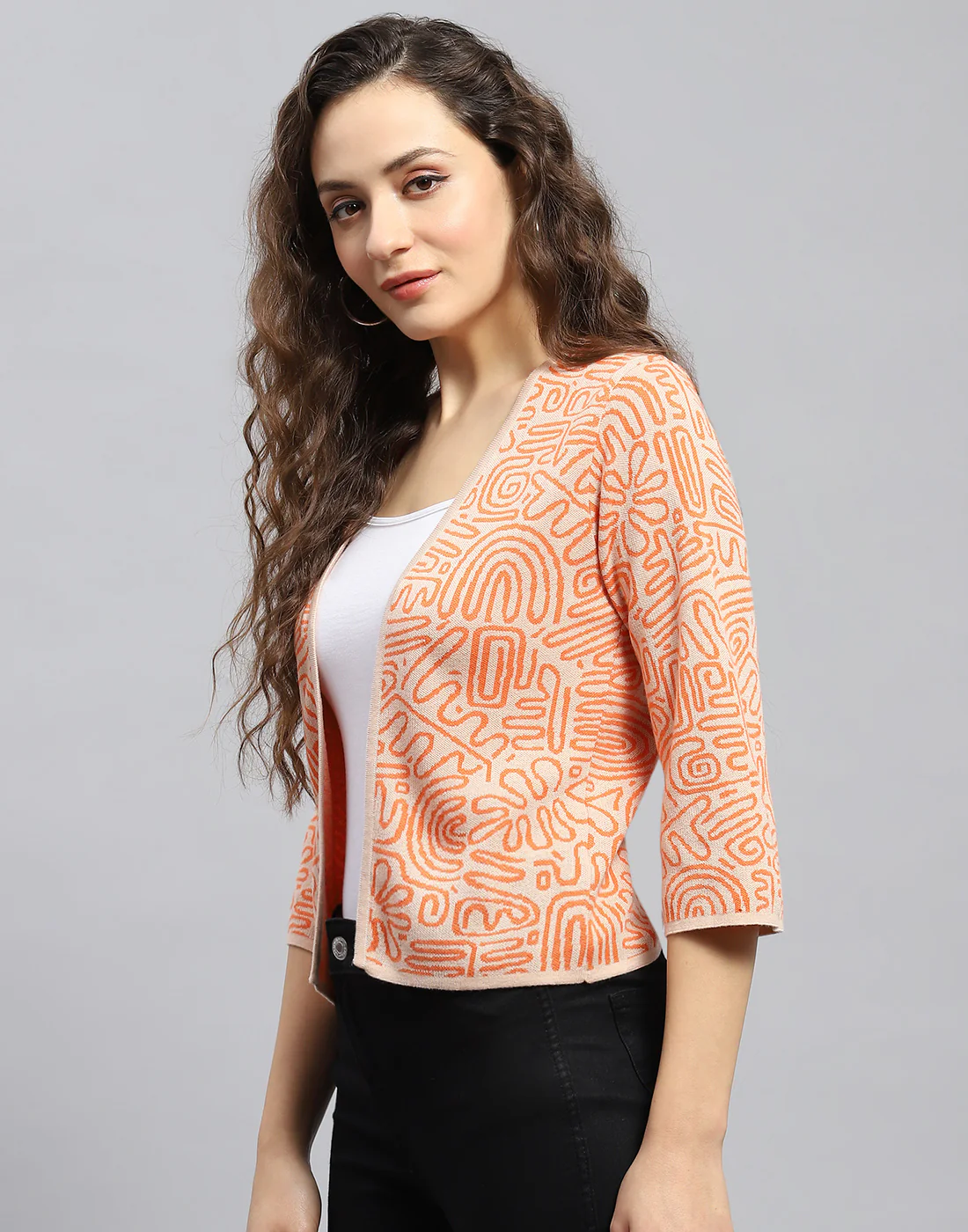 Women Orange Printed V Neck 3/4 Sleeve Shrug - Image 3