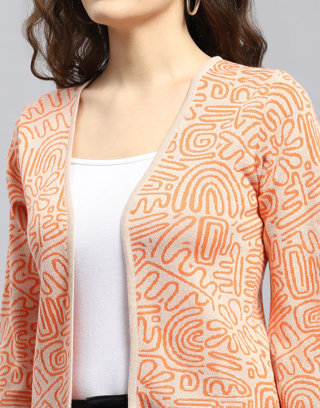 Women Orange Printed V Neck 3/4 Sleeve Shrug - Image 6
