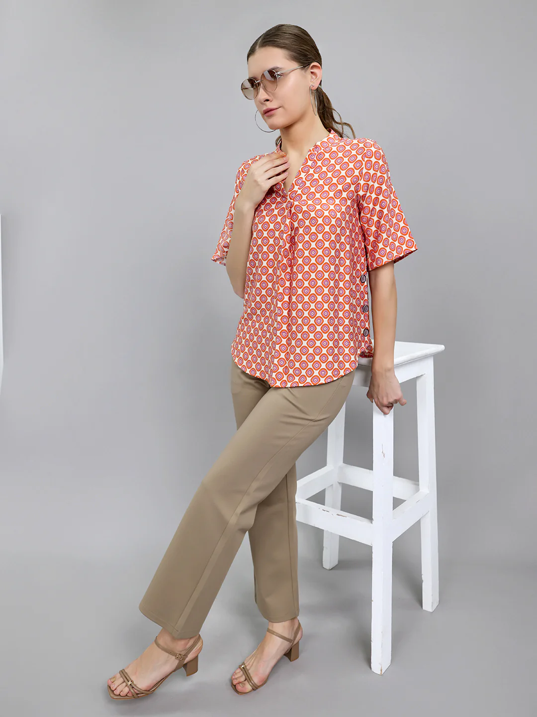 Women Orange Printed V Neck 3/4th Sleeve Top - Image 6