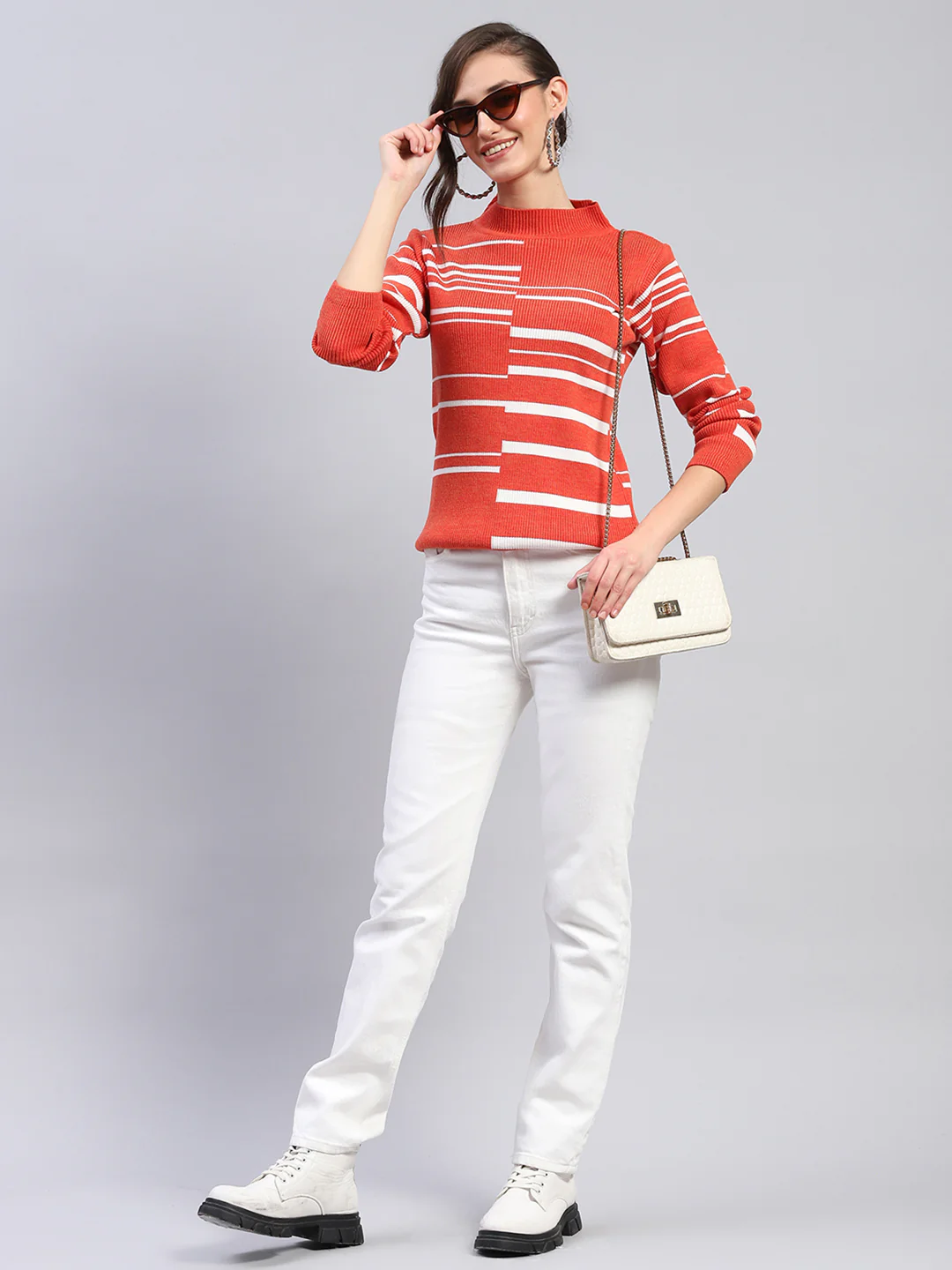Women Orange Self Design Band Collar Full Sleeve Winter Tops - Image 2
