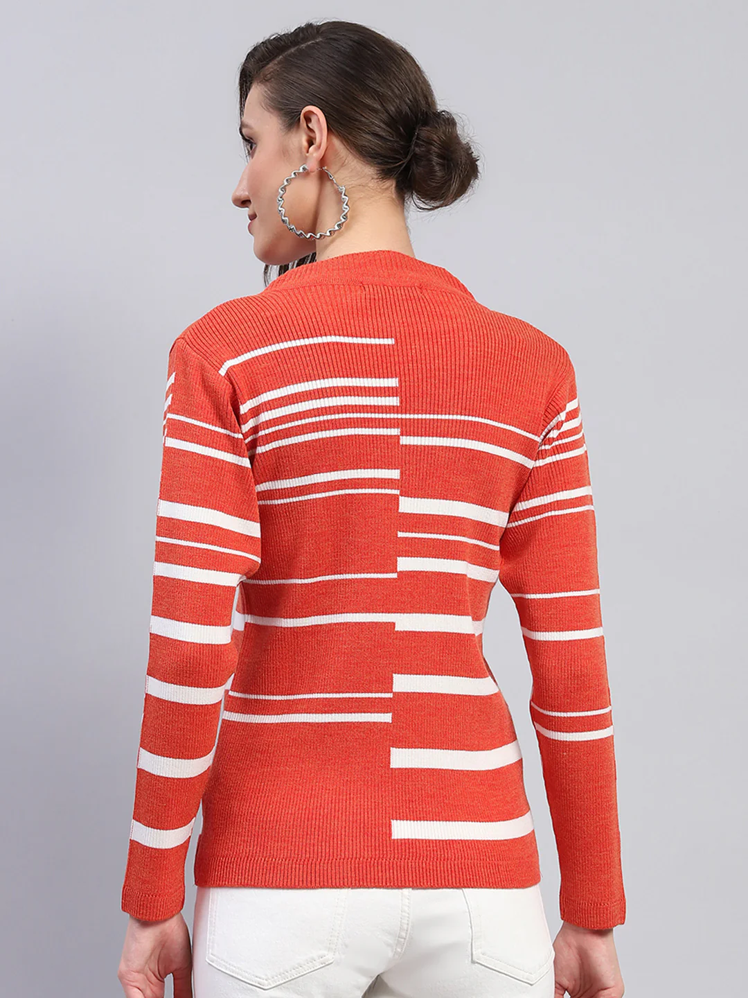 Women Orange Self Design Band Collar Full Sleeve Winter Tops - Image 5