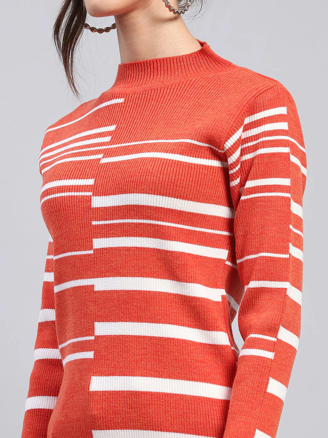 Women Orange Self Design Band Collar Full Sleeve Winter Tops - Image 6