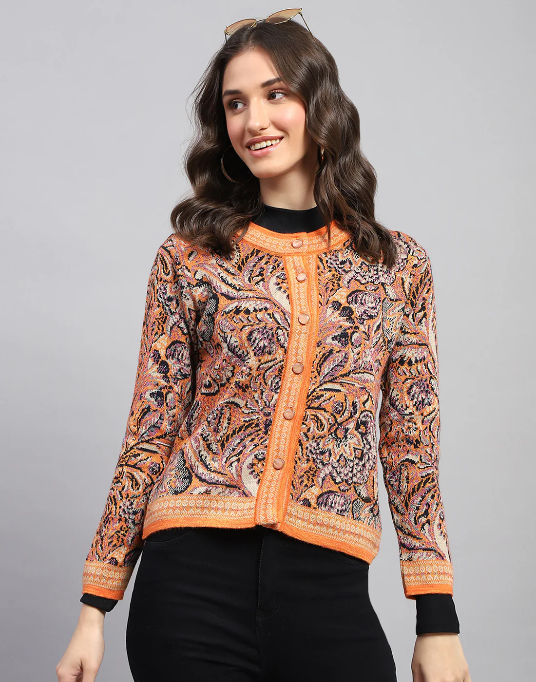 Women Orange Self Design Round Neck Full Sleeve Cardigan - Image 3