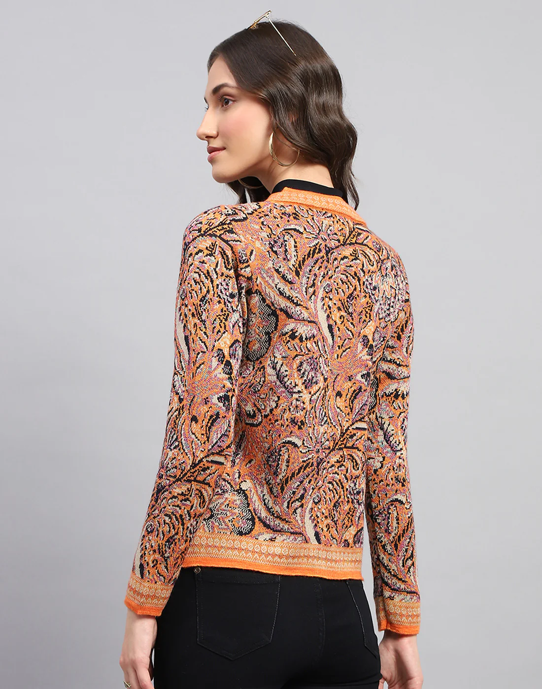 Women Orange Self Design Round Neck Full Sleeve Cardigan - Image 6