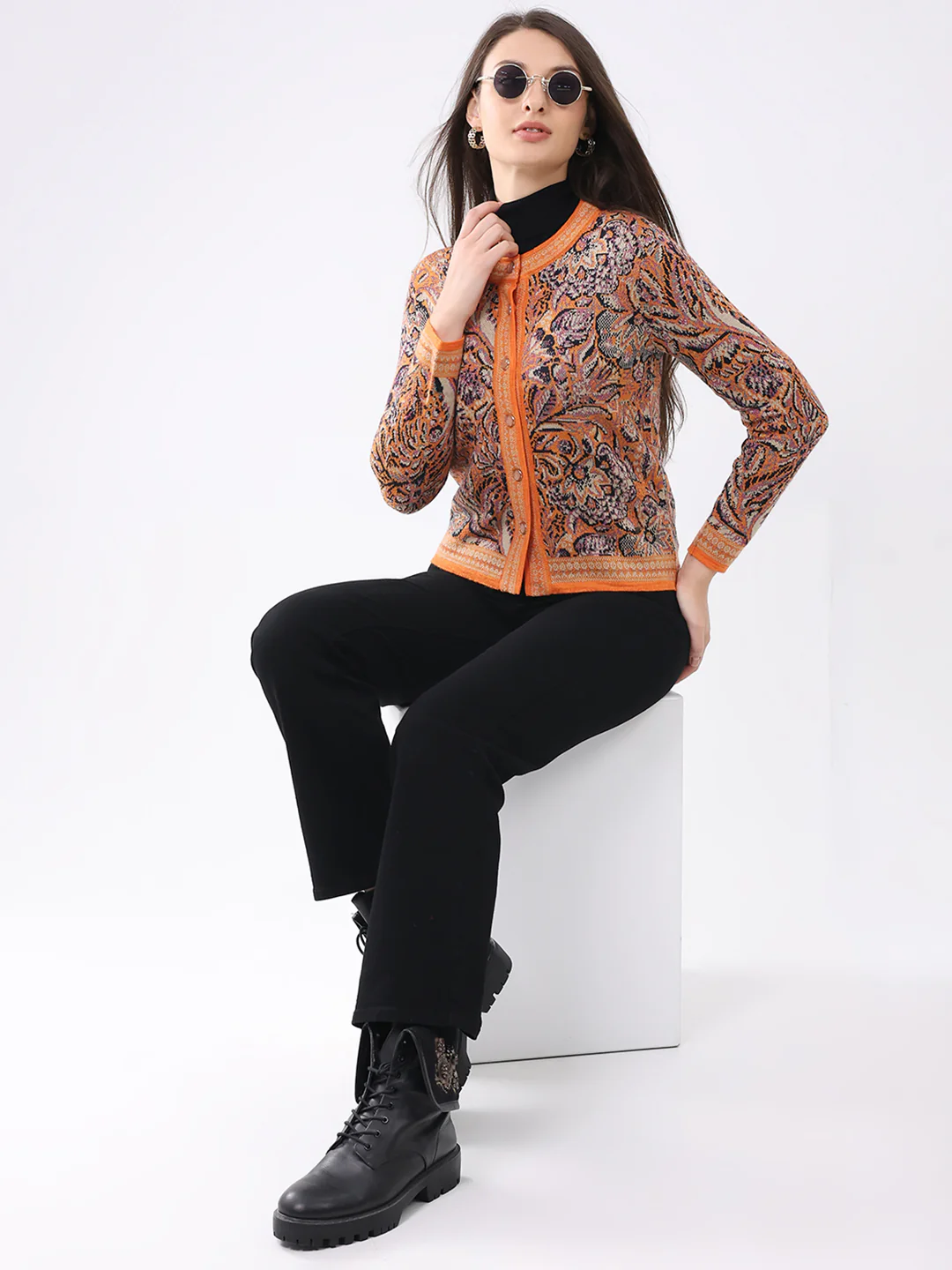 Women Orange Self Design Round Neck Full Sleeve Cardigan - Image 2