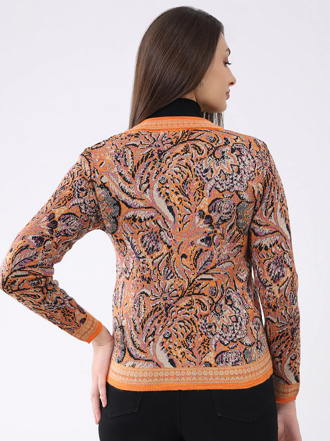 Women Orange Self Design Round Neck Full Sleeve Cardigan - Image 5